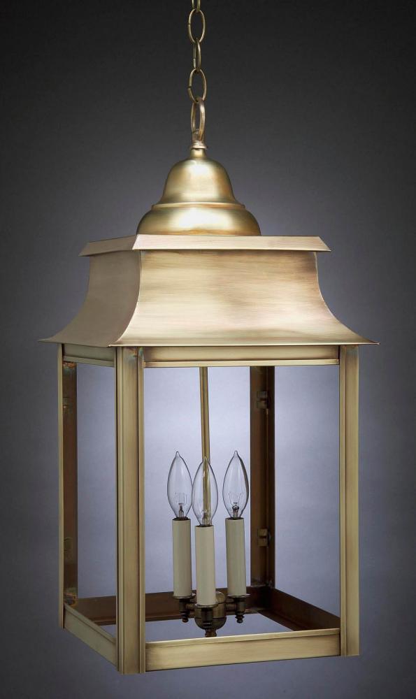 Pagoda Hanging Antique Copper 3 Candelabra Sockets Frosted Glass